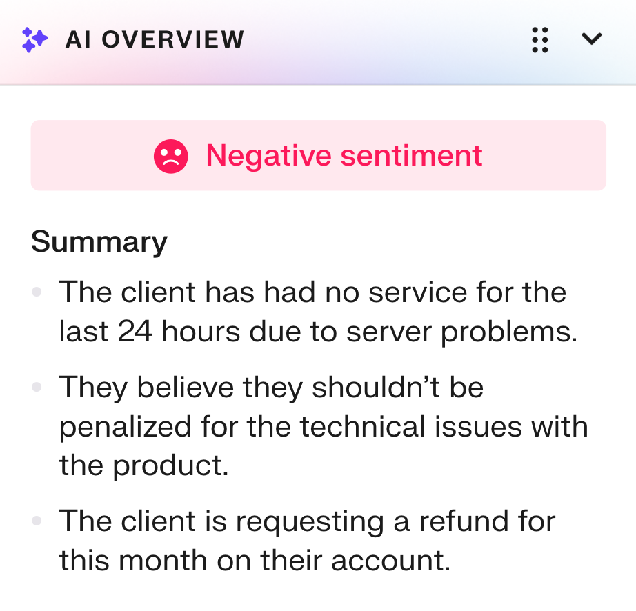 Groove's AI overview and sentiment analysis can help you detect/determine customer tone at a glance, so you can personalize your replies.